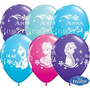 Qualatex Balón QL 11" s potiskem "Anna, Elsa & Olaf", pastelově modrá, fialová, brusinka a tyrkysová / 25 ks ST ASORT