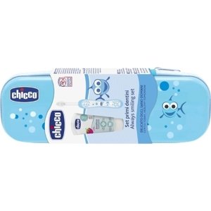 CHICCO Set zubní kartáček a pasta s fluorem v pouzdře Always Smiling 12m+ modrá