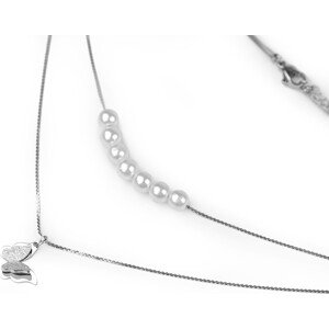 Náhrdelník z nerezové oceli dvojitý motýl s perlami Varianta: platina, Balení: 1 ks