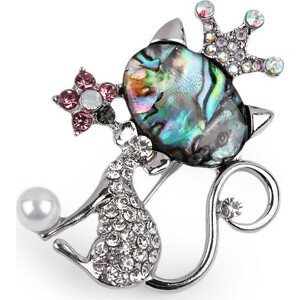 Brož s broušenými kamínky kočka perleťová Varianta: 1 crystal, Balení: 1 ks