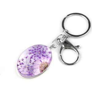 Přívěsek na klíče / kabelku lisované květy v oválu Varianta: 3 fialová lila, Balení: 1 ks