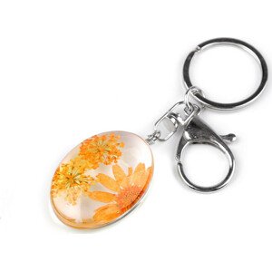 Přívěsek na klíče / kabelku lisované květy v oválu Varianta: 4 oranžová, Balení: 1 ks