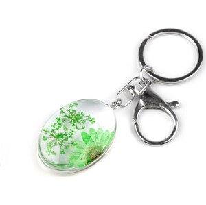 Přívěsek na klíče / kabelku lisované květy v oválu Varianta: 6 zelená past.sv., Balení: 1 ks